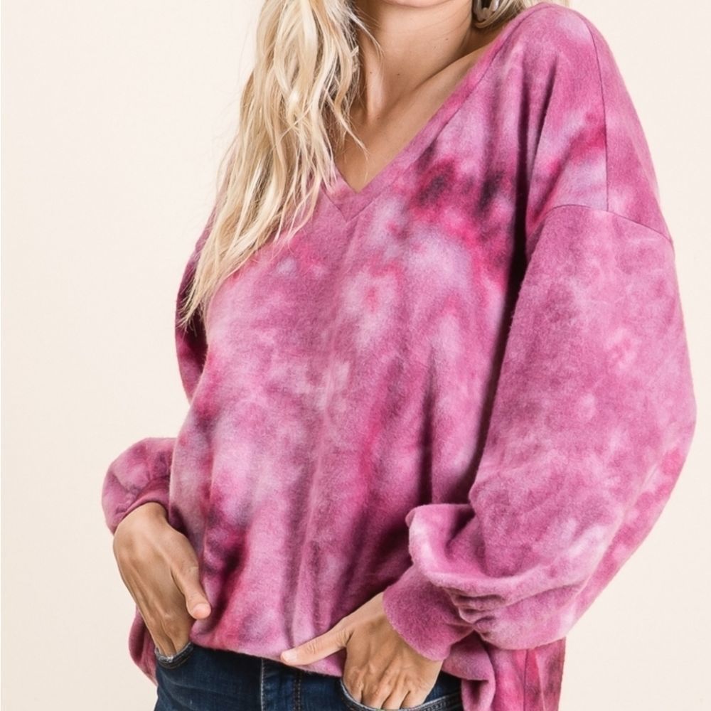 Magenta V-Neck Tie Dye Soft Sweater - Picture 2 of 5